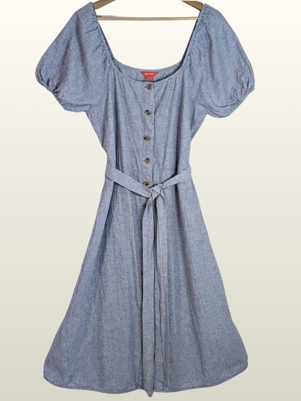 Chambray Linen Cotton Belted Button Front Midi Dress L Coastal Cottagecore EUC - Picture 3 of 9
